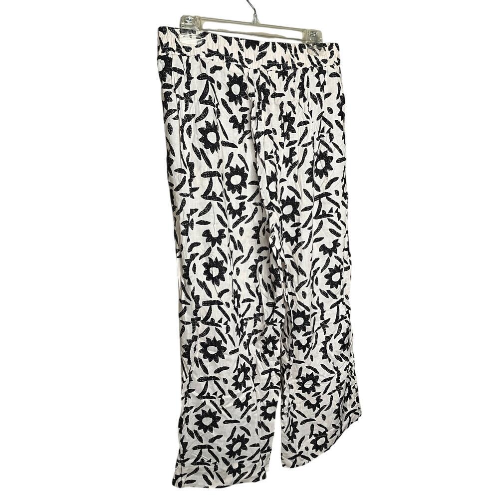 Christian Siriano New York Wide Leg Linen Pants Floral White/Black Size L NWT